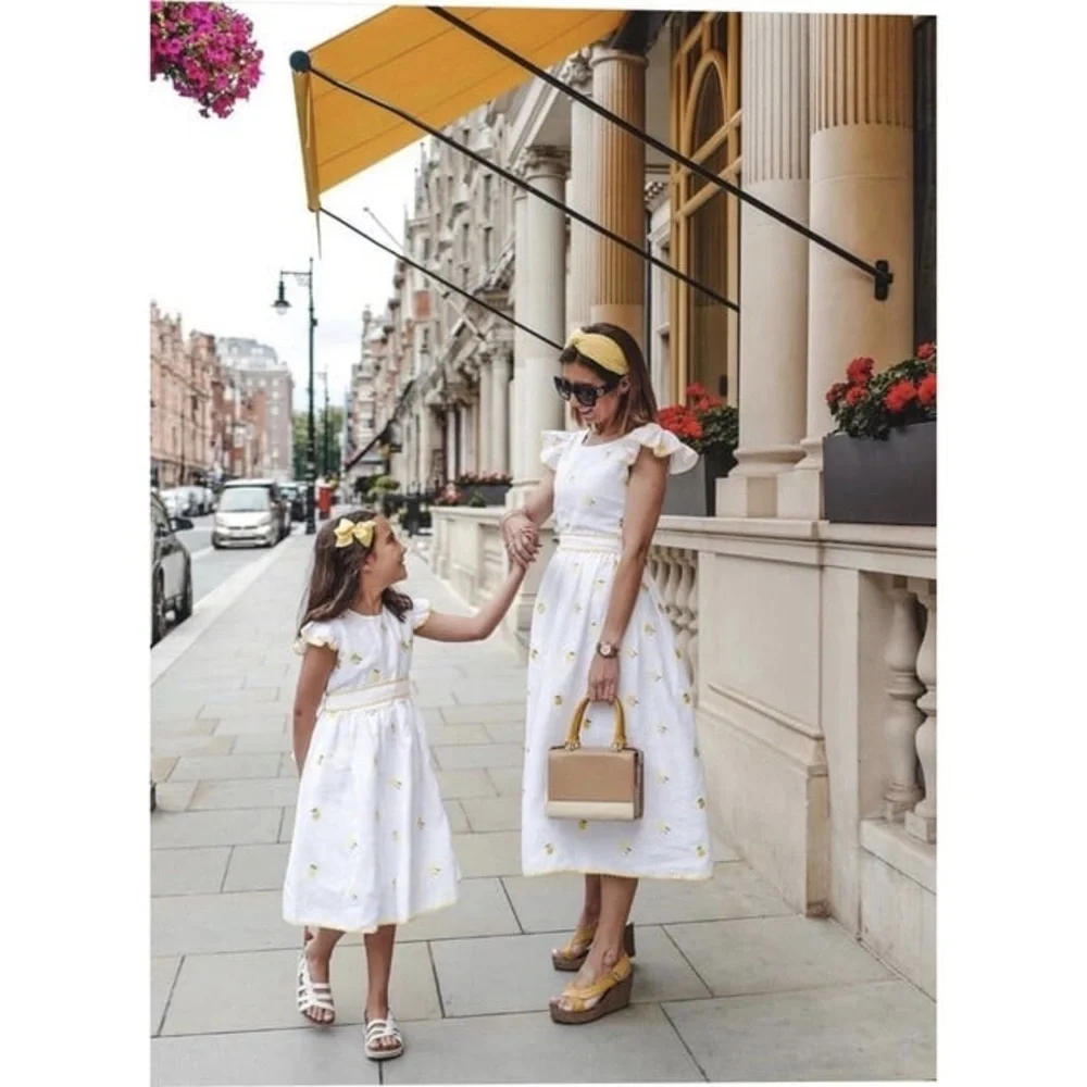 Sorci and Fofa Girls 6 Embroidered Lemon Flutter Sleeve Ric-Rac Linen Dress‎ - Picture 6 of 16